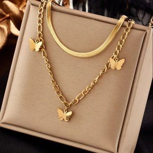 NEW Stainless Steel Vintage Butterfly Blue Eyes Multilayer Necklace